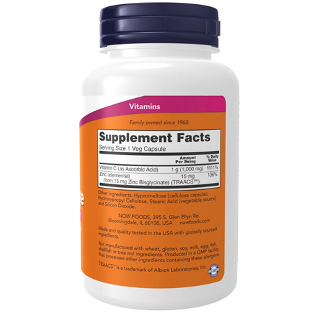 Now Foods C-1000 Zinc Immune 180 kapsúl