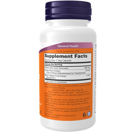 Now Foods Kyselina Alfa Lipoová 600 mg Extra Strength 60 kapsúl